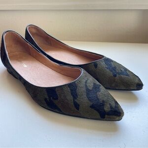 Anthropologie All Black Jungle Ballet Flats Camo Pointy-tow Calfhair slip-ons 8